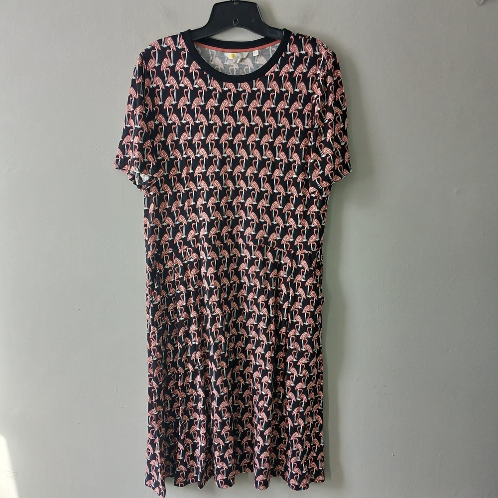 Boden Size 14R Lucinda Jersey Midi Dress Flamingos Short Sleeve‎ Pockets Stretch